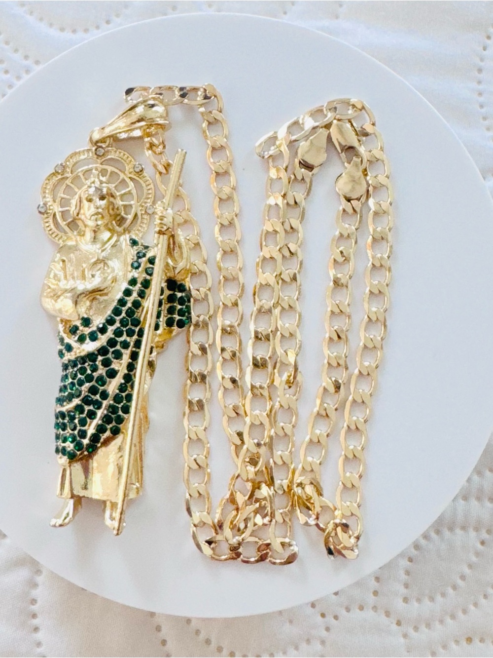 14K Gold Plated Saint Jude Pendant Necklace with Green Crystal Accents. New